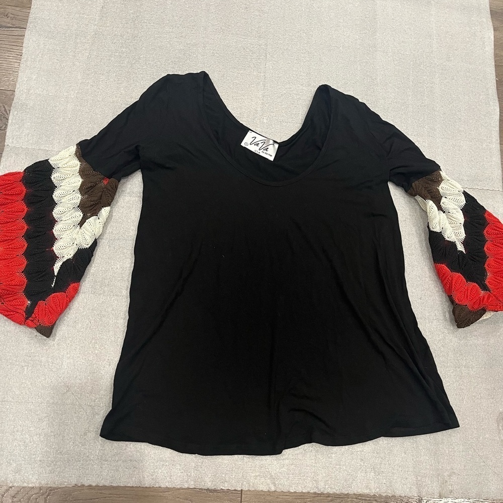 [S]VaVa By Joy Han Black Rayon Blouse with Multicolor Crochet Bell Sleeves